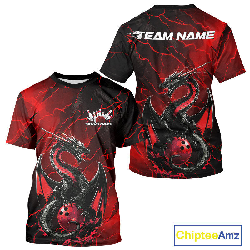 Custom Red Lightning Dragon Bowling T-Shirts For Men, Dragon Bowling Team Jersey IPHW9901