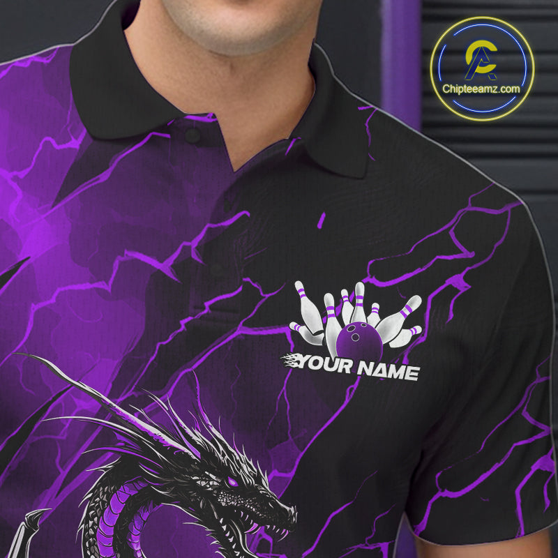 Custom Purple Lightning Dragon Bowling Polo Shirt For Men, Dragon Bowling Team Jersey IPHW9902