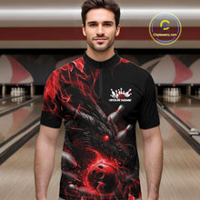 Load image into Gallery viewer, Custom Black And Red Flame Dragon Bowling Men Quarter-Zip Shirt, Dragon Bowling League Shirt IPHW10272