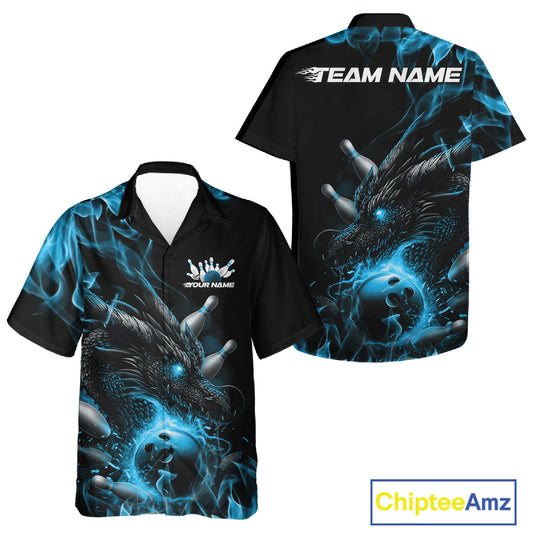 Custom Black And Blue Flame Dragon Bowling Men And Women Hawaiian Shirt, Dragon Bowling League Shirt IPHW10273