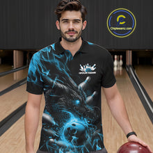 Load image into Gallery viewer, Custom Black And Blue Flame Dragon Bowling Men Polo Shirt, Dragon Bowling League Shirt IPHW10273