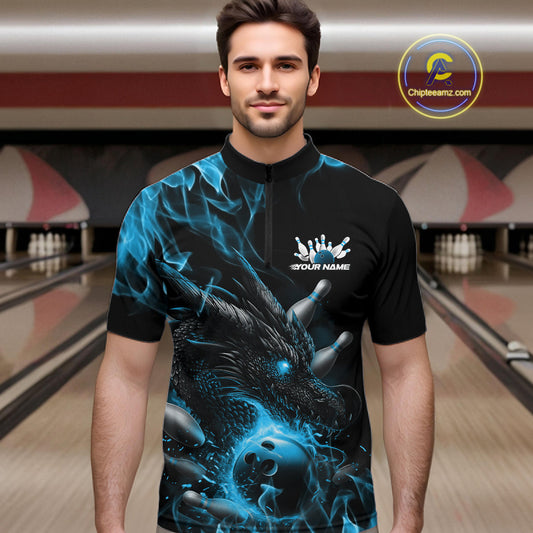 Custom Black And Blue Flame Dragon Bowling Men Quarter-Zip Shirt, Dragon Bowling League Shirt IPHW10273
