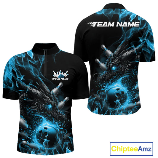Custom Black And Blue Flame Dragon Bowling Men Quarter-Zip Shirt, Dragon Bowling League Shirt IPHW10273