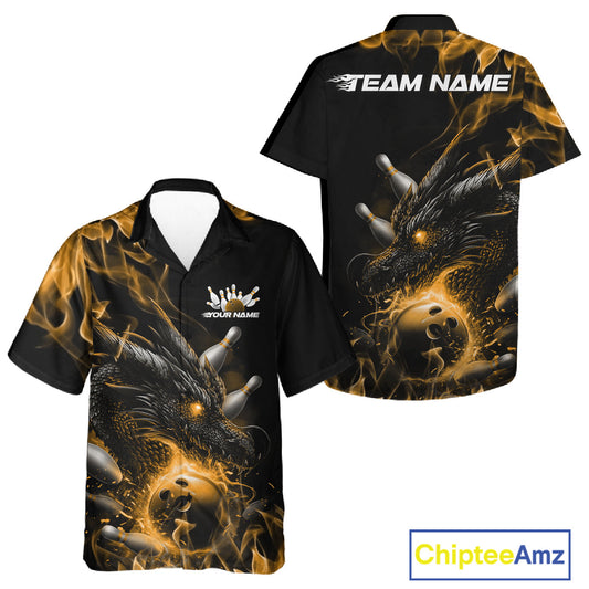 Custom Black And Gold Flame Dragon Bowling Men And Women Hawaiian Shirt, Dragon Bowling League Shirt IPHW10274