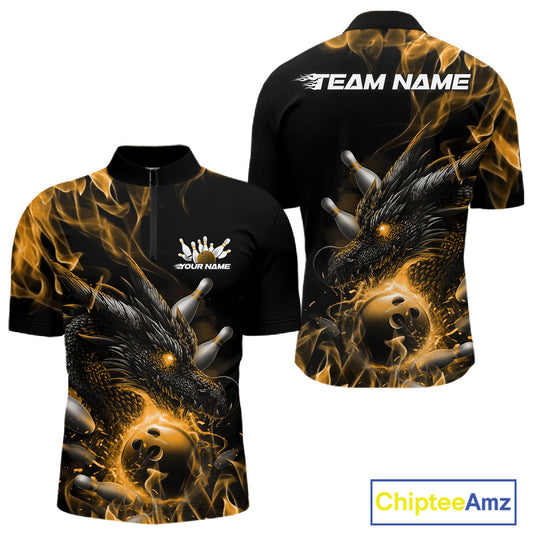 Custom Black And Gold Flame Dragon Bowling Men Quarter-Zip Shirt, Dragon Bowling League Shirt IPHW10274