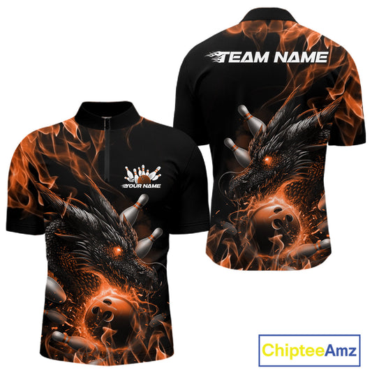 Custom Black And Orange Flame Dragon Bowling Men Quarter-Zip Shirt, Dragon Bowling League Shirt IPHW10275