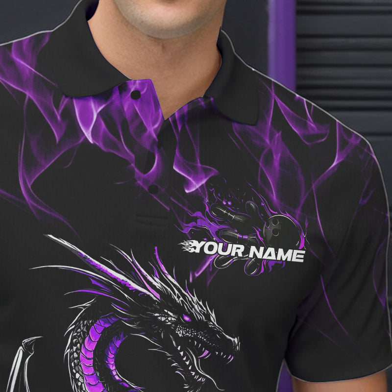 Custom Black And Purple Flame Dragon Bowling Team Polo Shirts For Men, Bowling League Shirt IPHW8654