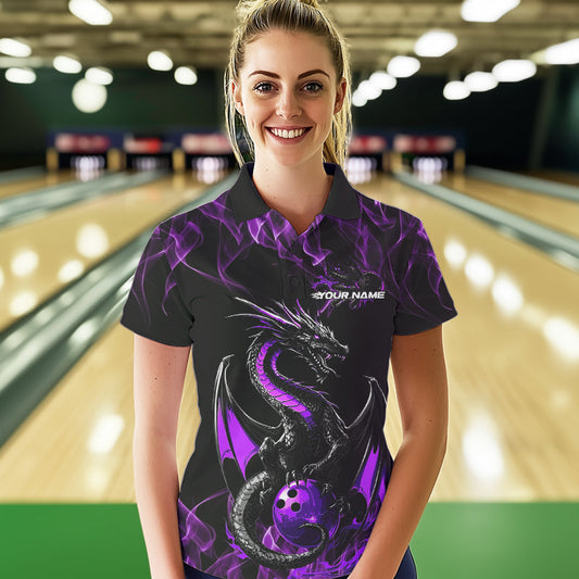 Custom Black And Purple Flame Dragon Bowling Team Womens Polo Shirts, Bowling League Shirt IPHW8654