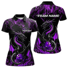 Load image into Gallery viewer, Custom Black And Purple Flame Dragon Bowling Team Womens Polo Shirts, Bowling League Shirt IPHW8654