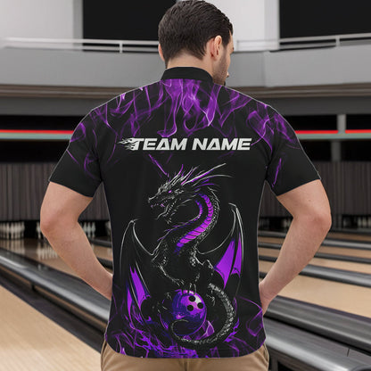 Custom Black And Purple Flame Dragon Bowling Team Quarter-Zip Shirts For Men, Bowling League Shirt IPHW8654