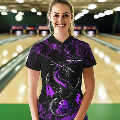 Custom Black And Purple Flame Dragon Bowling Womens Quarter-Zip Shirt, Bowling League Shirt IPHW8654