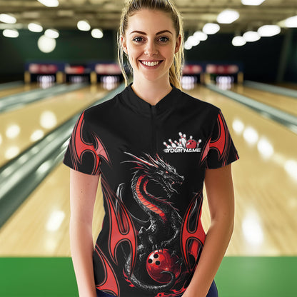 Custom Black And Red Flame Dragon Bowling Tournament Womens Quarter-Zip Shirts IPHW8656