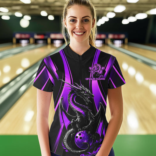 Custom Purple Dragon Bowling Jerseys, Dragon Bowling Women Quarter-Zip Bowling League Shirt IPHW8928