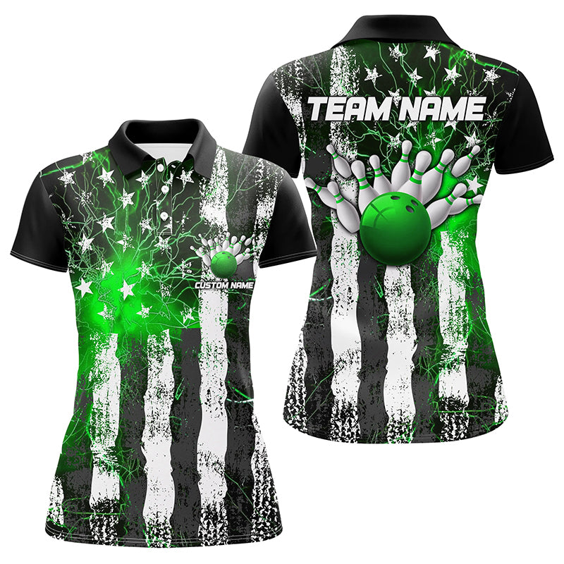 Green Thunder Lightning American Flag Custom Ladies Bowling Team Shirts, Patriotic Bowlers Outfit IPHW6491
