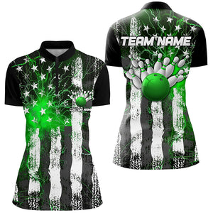Green Thunder Lightning American Flag Custom Ladies Bowling Team Shirts, Patriotic Bowlers Outfit IPHW6491