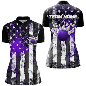 Purple Thunder Lightning American Flag Custom Ladies Bowling Team Shirts, Patriotic Bowlers Outfit IPHW6492