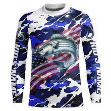 Load image into Gallery viewer, Striped Bass Fishing American Flag Camo Custom Long Sleeve Shirts, Striper Saltwater Fishing Shirts IPHW6509