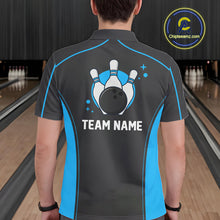 Load image into Gallery viewer, Custom Black And Ball Blue Classic Bowling Team Polo Shirt For Men, Bowling League Shirt IPHW9911