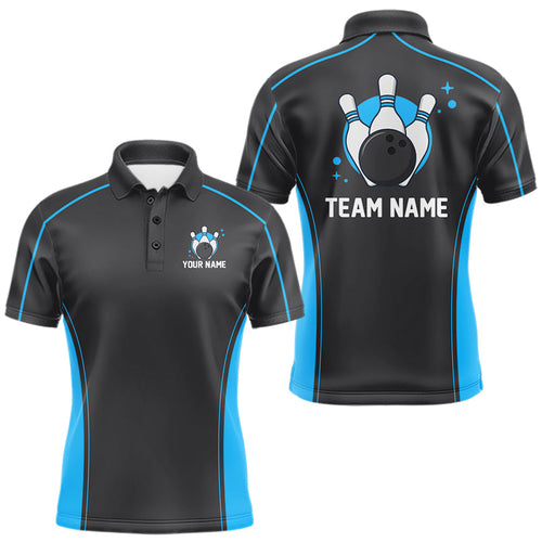Custom Black And Ball Blue Classic Bowling Team Polo Shirt For Men, Bowling League Shirt IPHW9911