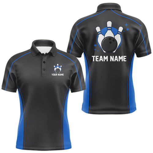 Custom Black And Mid Blue Classic Bowling Team Polo Shirt For Men, Bowling League Shirt IPHW9912