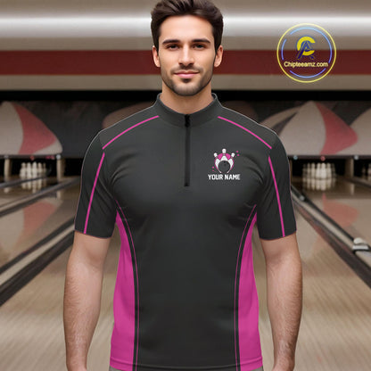 Custom Black And Pink Classic Bowling Team Quarter-Zip Shirt For Men, Bowling League Shirt IPHW9915