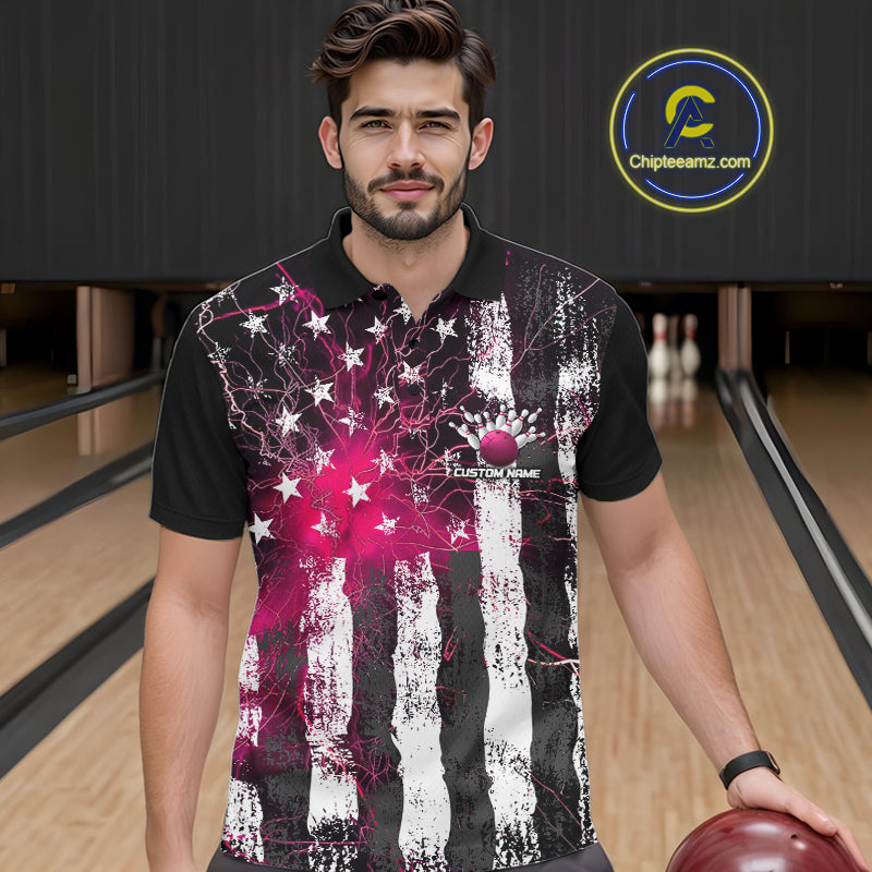 Pink Lightning US Flag Custom Bowling Team Jerseys, Patriotic Bowling Polo Shirt For Men IPHW9916