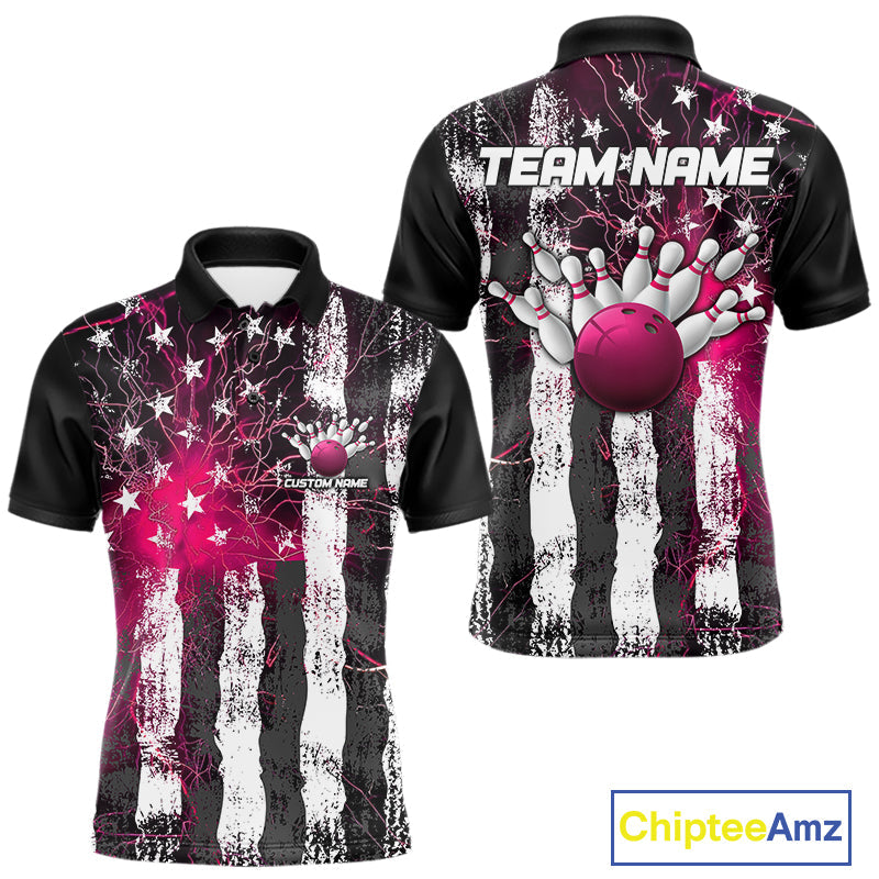 Pink Lightning US Flag Custom Bowling Team Jerseys, Patriotic Bowling Polo Shirt For Men IPHW9916