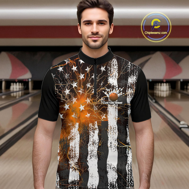 Orange Lightning US Flag Custom Bowling Team Jerseys, Patriotic Bowling Quarter-Zip Shirt For Men IPHW9917