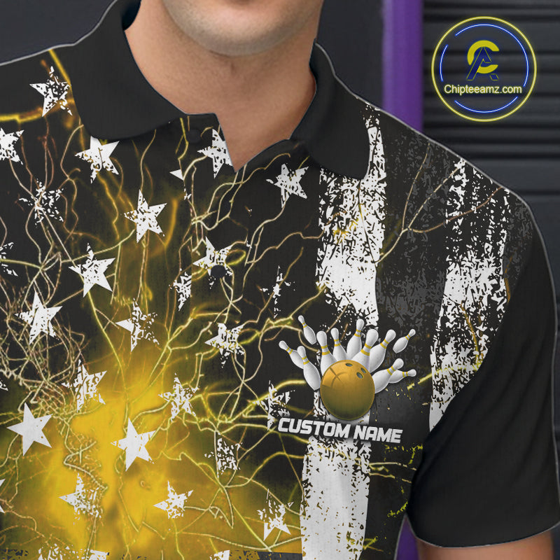 Yellow Lightning US Flag Custom Bowling Team Jerseys, Patriotic Bowling Polo Shirt For Men IPHW9918