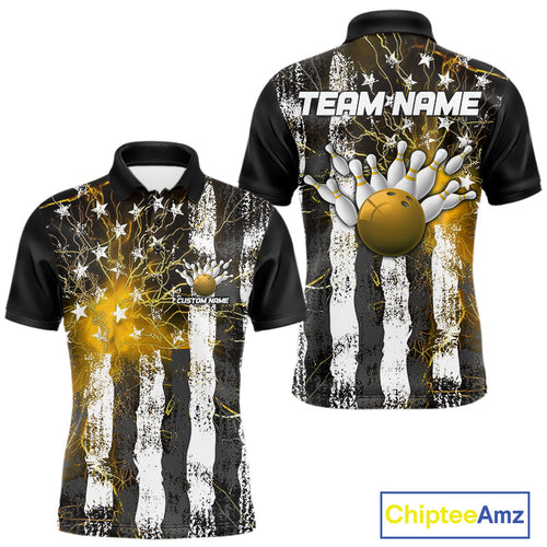 Yellow Lightning US Flag Custom Bowling Team Jerseys, Patriotic Bowling Polo Shirt For Men IPHW9918