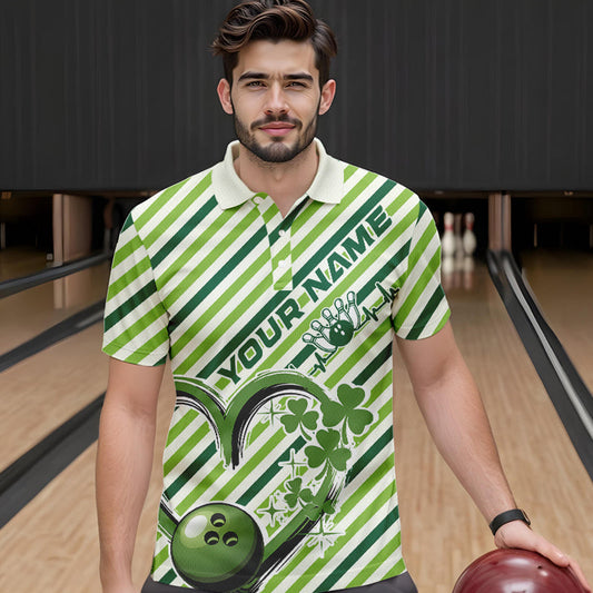 Custom Saint Patricks Day Heart Bowling Polo Shirt For Men, Lucky Bowling Team League Shirt IPHW8683