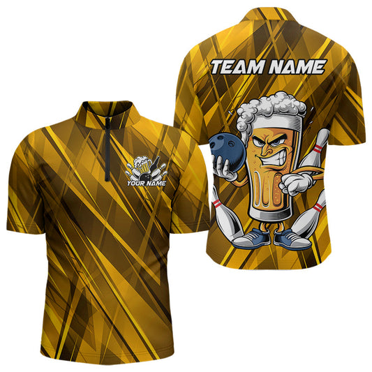 Custom Funny Beer Bowling Men Quarter-Zip Shirts For Bowlers, Humorous Beer And Bowling Jerseys IPHW8932