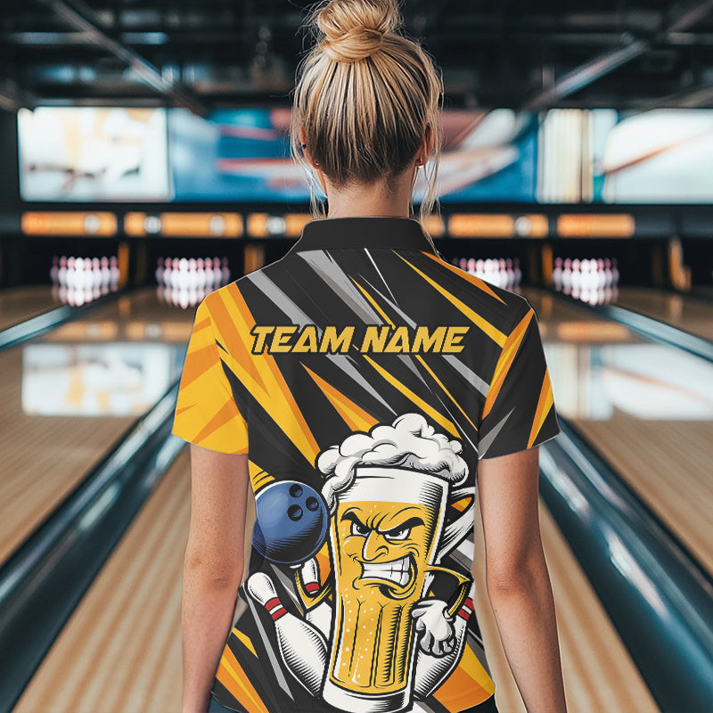 Custom Black Yellow Funny Beer Bowling Women Polo Shirt, Angry Beer Glass Bowling Jersey IPHW8933