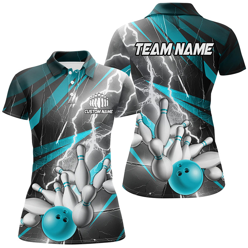 Blue Lightning Strike Custom Bowling Polo Shirts For Women, Ladies Team Bowling Shirts IPHW6853