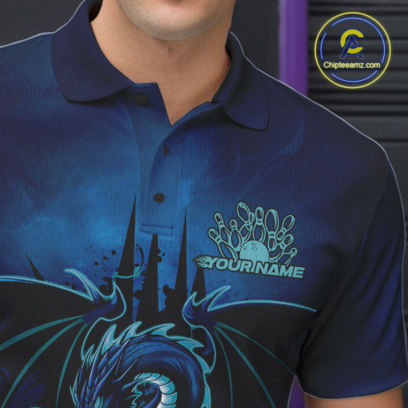Custom Black And Blue Dragon Bowling Polo Shirts For Men, Dragon League Team Shirt IPHW9532