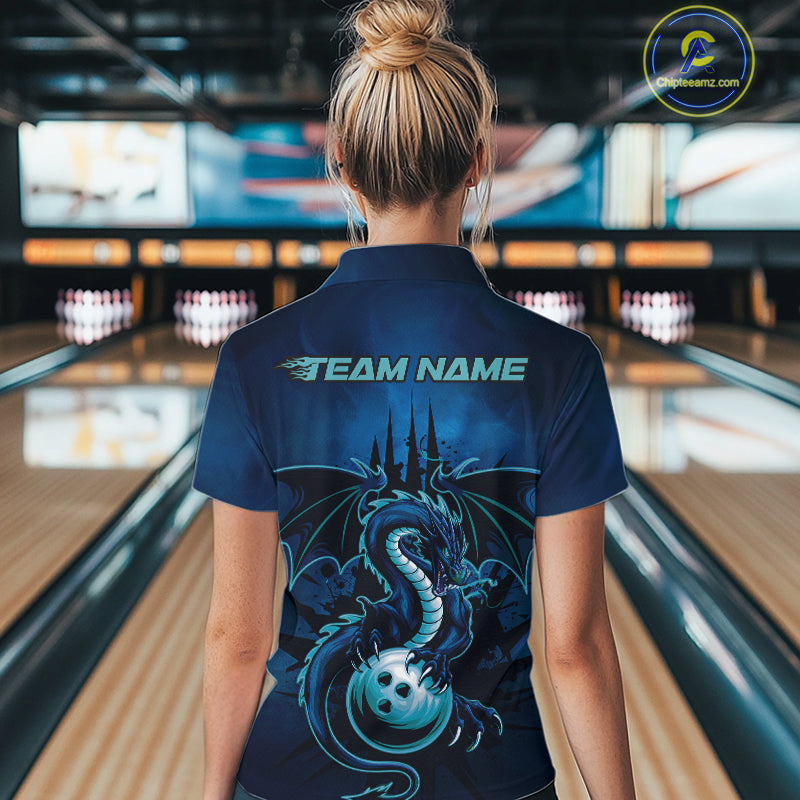 Custom Black And Blue Dragon Bowling Women Quarter-Zip Shirt, Dragon League Team Shirt IPHW9532