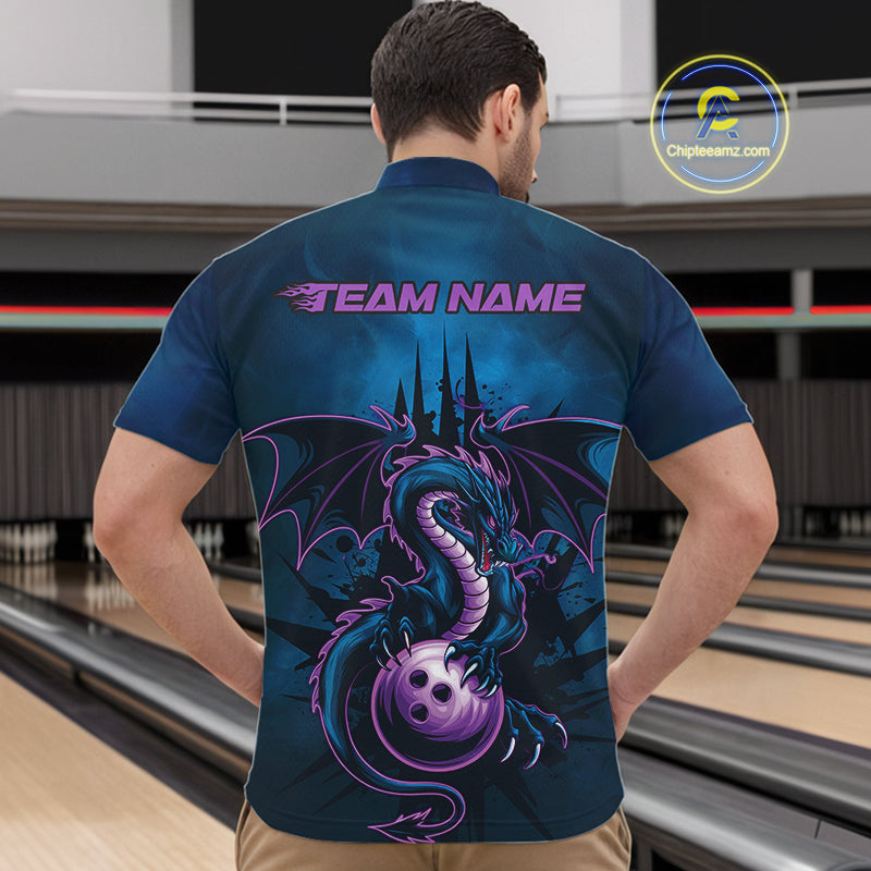 Custom Blue And Purple Dragon Bowling Quarter-Zip Shirts For Men, Dragon League Team Shirt IPHW9533