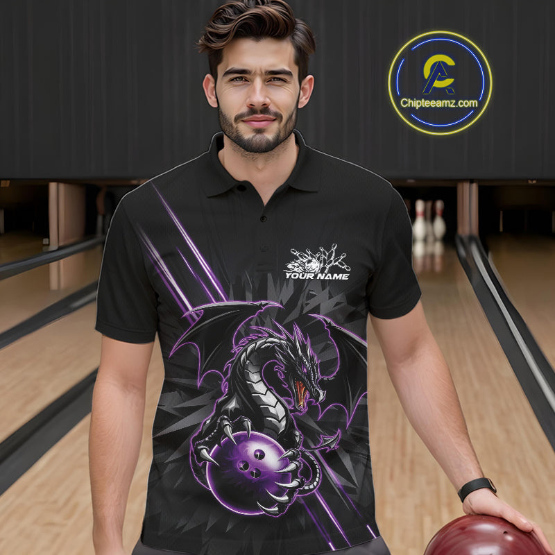 Custom Black And Purple Dragon Bowling Polo Shirts For Men, Dragon Bowling Team Shirt IPHW9538