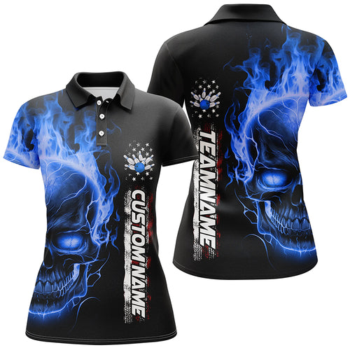 Flame Skull American Flag Custom Team Bowling Shirts For Women, Patriotic Bowling Shirt IPHW5145