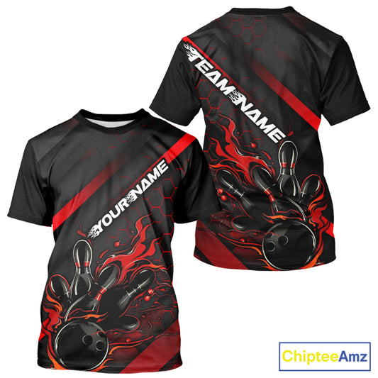 Custom Black And Red Flame Bowling Men T-Shirts Shirts, Bowling Team Bowling League IPHW7210