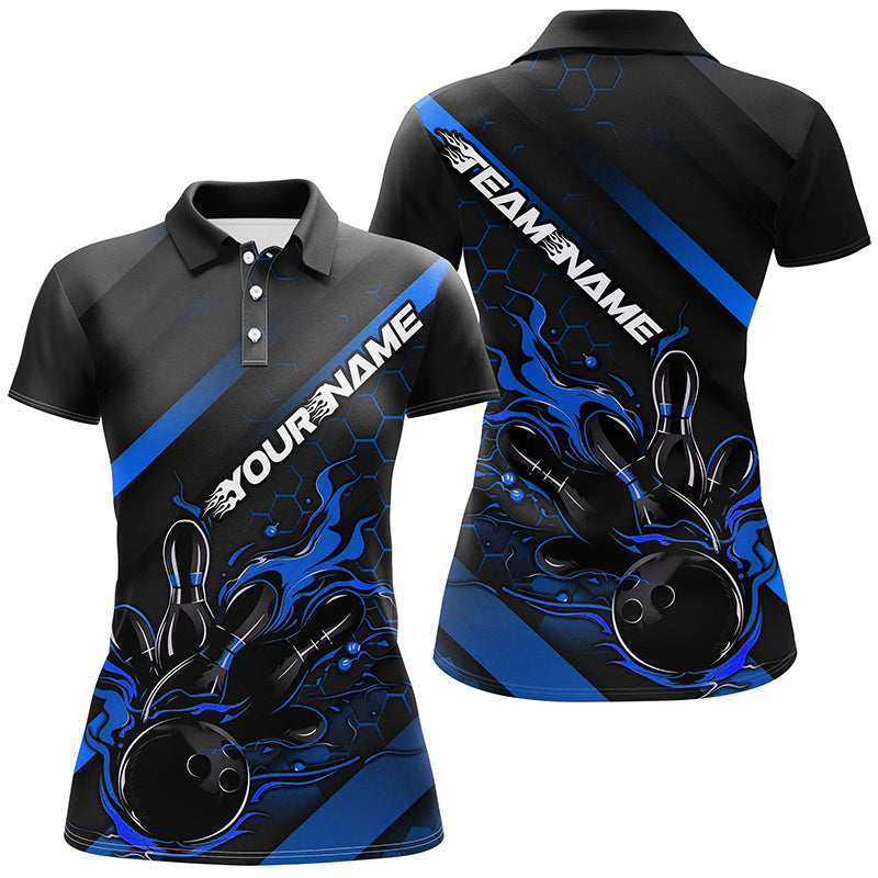 Custom Black And Blue Flame Bowling Shirts For Women, Bowling Team Bowling League Shirts IPHW7212