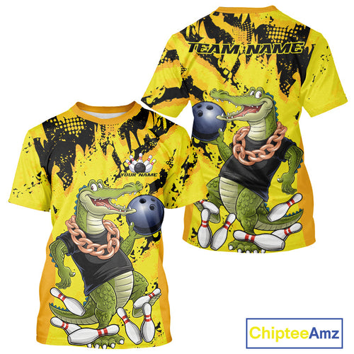 Custom Funny Alligator Bowling T-Shirts For Men, Grunge Yelllow Bowling Team Jerseys IPHW9922