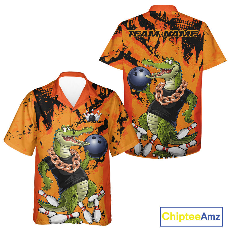 Custom Funny Alligator Bowling Hawaiian Shirt For Men And Women, Grunge Orange Bowling Team Jerseys IPHW9923
