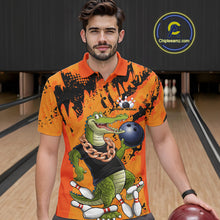 Load image into Gallery viewer, Custom Funny Alligator Bowling Polo Shirt For Men, Grunge Orange Bowling Team Jerseys IPHW9923