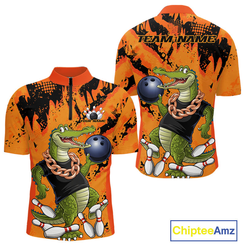 Custom Funny Alligator Bowling Quarter-Zip Shirt For Men, Grunge Orange Bowling Team Jerseys IPHW9923