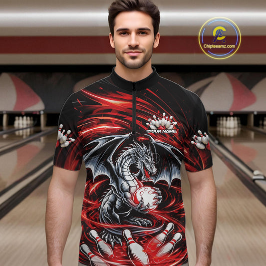 Custom Black And Red Fire Flame Dragon Bowling Jerseys Bowling Team Men Quarter-Zip Shirt IPHW10291