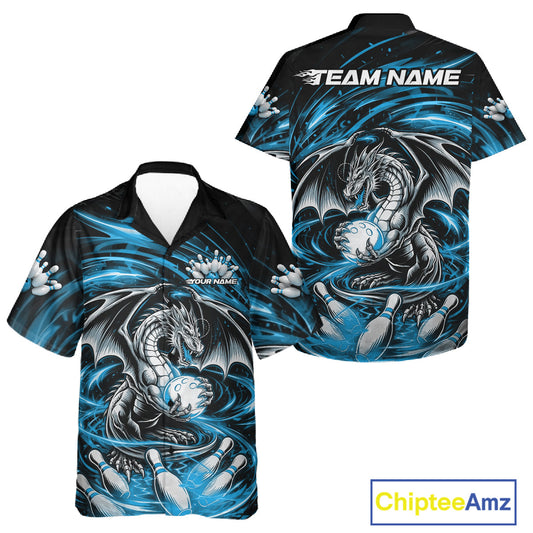 Custom Black And Blue Fire Flame Dragon Bowling Jerseys Bowling Team Men And Women Hawaiian Shirt IPHW10292