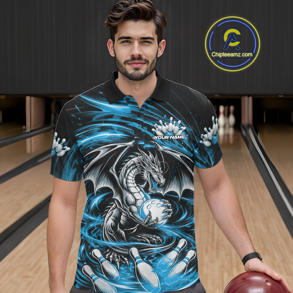 Custom Black And Blue Fire Flame Dragon Bowling Jerseys Bowling Team Men Polo Shirt IPHW10292