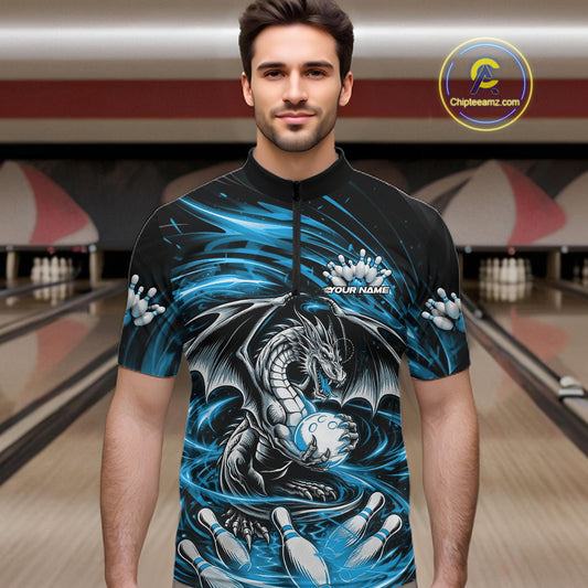 Custom Black And Blue Fire Flame Dragon Bowling Jerseys Bowling Team Men Quarter-Zip Shirt IPHW10292