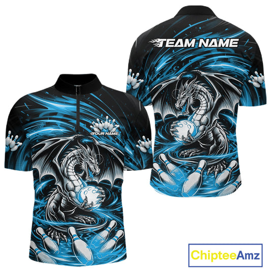 Custom Black And Blue Fire Flame Dragon Bowling Jerseys Bowling Team Men Quarter-Zip Shirt IPHW10292